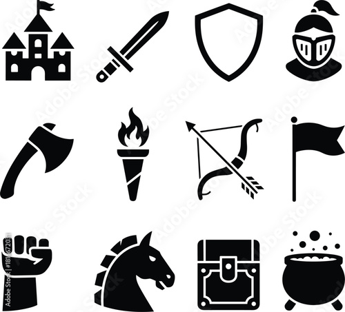 Medieval fantasy game icons including castle, sword, shield, knight symbol