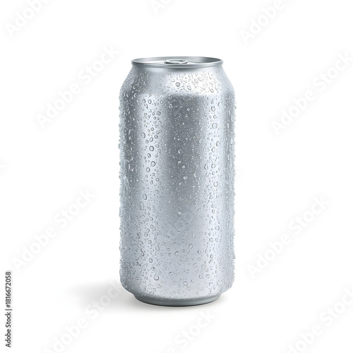 Silver Aluminum Soda Can with Water Droplets on White Background
