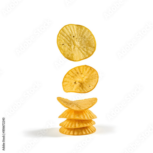 Floating golden potato chips stacked in a spiral on white background