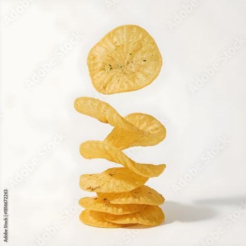 Levitating golden crinkle-cut potato chips falling in a spiral stack on a clean white studio background