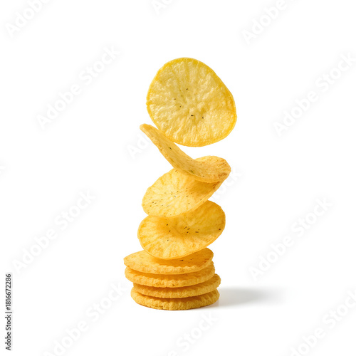 Tower of golden potato crisps stacked precariously on a pure white studio background with soft shadow