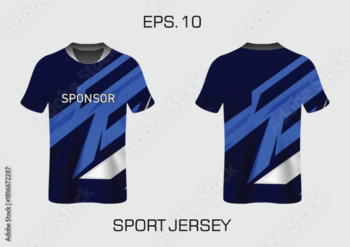 Dynamic Sport Jersey Design Featuring Bold Blue Stripes and Sponsor Text for Athletes