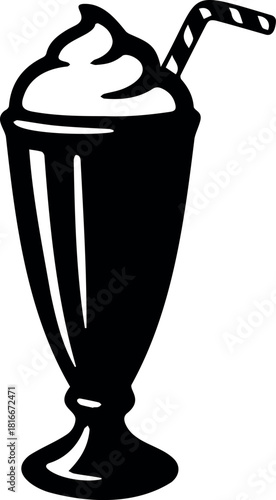 Classic retro style milkshake illustration, a sweet dessert drink with whipped cream and striped straw, served in a tall glass, graphic icon.