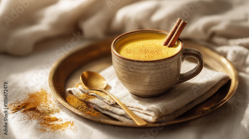 Golden milk latte with cinnamon stick on a tray, healthy drink concept. This warm, comforting beverage is a delicious and soothing way to enjoy the benefits of turmeric and spices