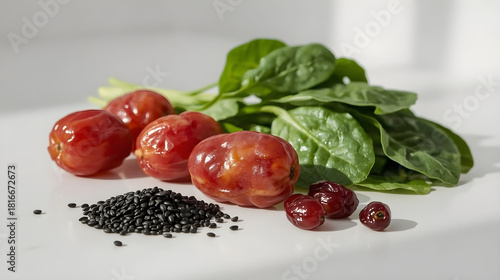 Cluster of ripe red dates, fresh spinach leaves, and black lentils arranged on a bright white surface