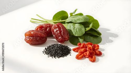 Pile of glossy dried dates, vibrant green spinach leaves, black seeds, and dried goji berries on white surface