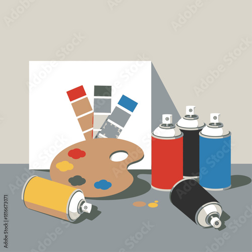 Still life illustration of various art supplies including spray paint cans, a palette, and color swatches on a canvas.
