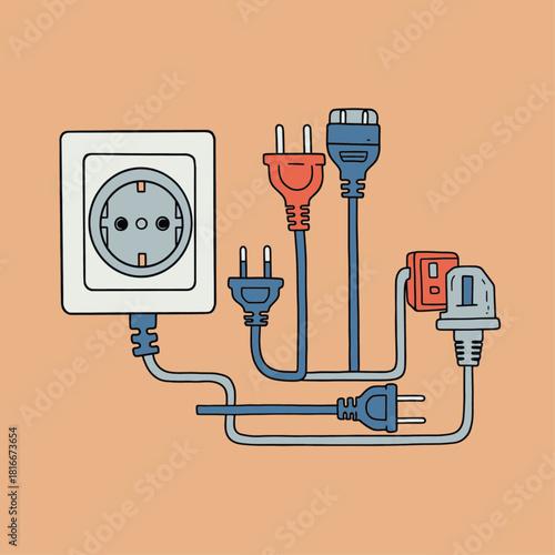 Illustration of a single wall outlet overloaded with multiple electrical plugs and adapters.