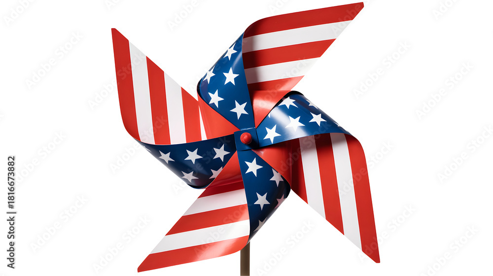 Fototapeta premium Patriotic american flag pinwheel toy spinning in the wind isolated on transparent background