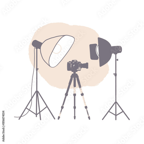 Photography studio setup with camera on tripod and two professional studio lights.