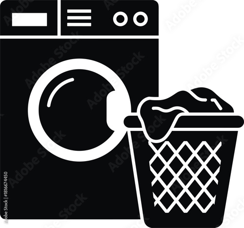 Washing machine and laundry basket with clothes icon domestic
