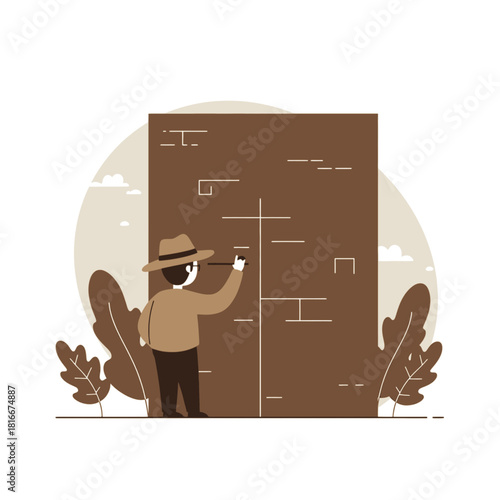 A person in a hat drawing or carving on a large ancient-looking slab or wall, in a monochromatic flat illustration style.