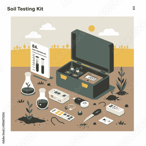 An illustration depicting a comprehensive soil testing kit with various tools, chemicals, and samples laid out on the ground for agricultural analysis.