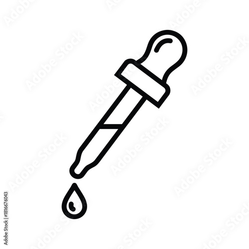 Simple black and white line icon of a laboratory dropper dispensing a single drop of liquid, isolated on