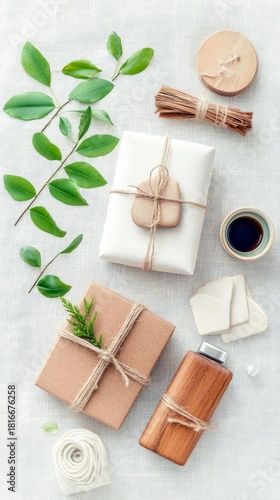 Wallpaper Mural Overhead view of gift wrapping materials including white and brown boxes, twine, a wooden bottle, green leaves, and a small bowl of dark liquid on a textured li Torontodigital.ca