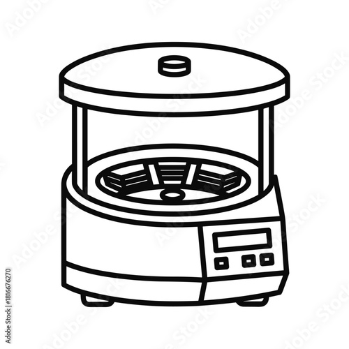 Line art illustration of a laboratory centrifuge machine with a digital display for scientific research and medical testing