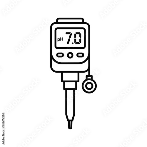 Line icon of a digital ph meter displaying a neutral reading of 70, isolated on