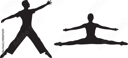 Silhouettes of people in dynamic jump and flexible split poses Vector