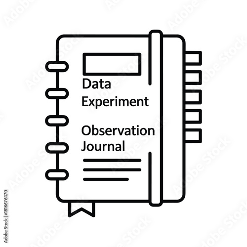 Outline icon of a data experiment observation journal with spiral binding and tabbed pages, isolated on