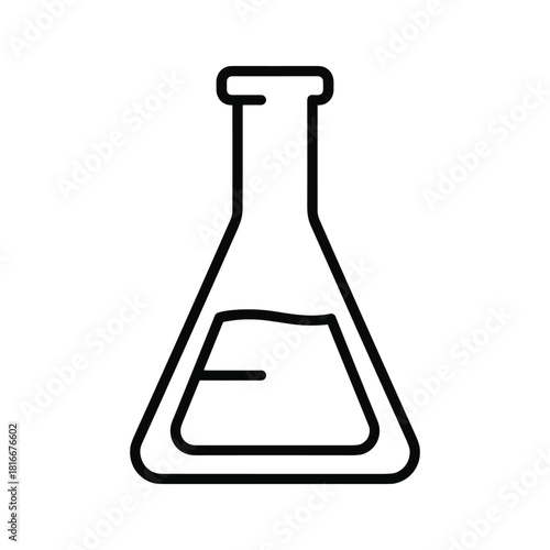 Simple black outline icon of an erlenmeyer flask containing a small amount of liquid, isolated on
