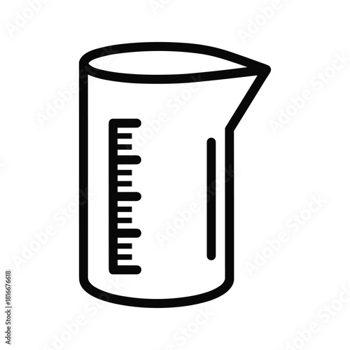 Simple black and white line art icon of a laboratory measuring beaker with volume markings, isolated on