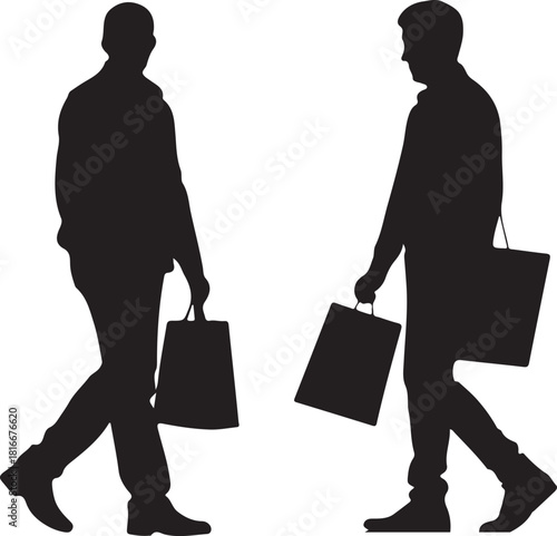 Two men walking with shopping bags, silhouette on white backdrop Vector