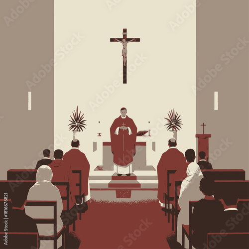 A priest conducting a religious service in a church with a congregation seated in pews and a crucifix above the altar.