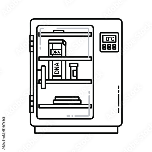 Line art icon of a laboratory refrigerator or incubator with dna sample storage and digital temperature display