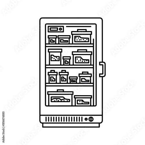 Outline icon of a commercial refrigerator or freezer filled with various food storage containers on shelves, isolated on