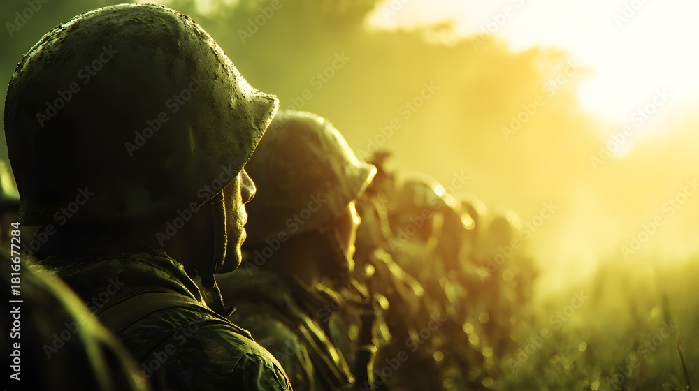 Naklejka premium Platoon of soldiers in silhouette standing in formation during a golden sunrise.