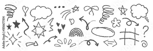 Hand drawn charcoal doodle element collection. Crayon sketch vector decorations. Messy pencil scribble clipart set. charcoal sketch arrows speech bubble star sparkle heart swirl rainbow
