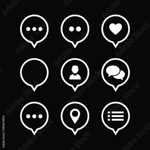Social Media Communication Icons Speech Bubbles, Hearts, and Location Symbols