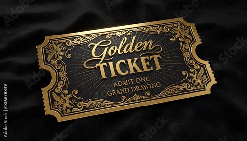 Elegant golden ticket with ornate border and vintage typography on dark background