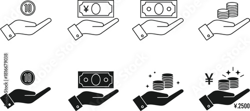 Illustrations of hand holding different kinds of money and currency
