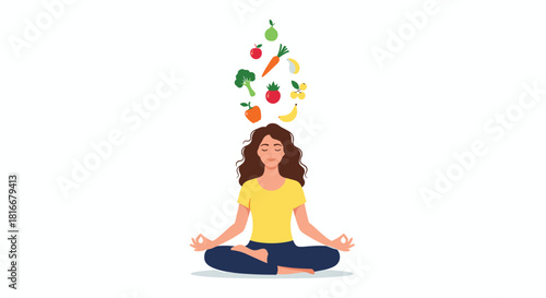 Young woman meditates in a lotus yoga pose while fresh healthy fruits and vegetables float above her head promoting wellness.