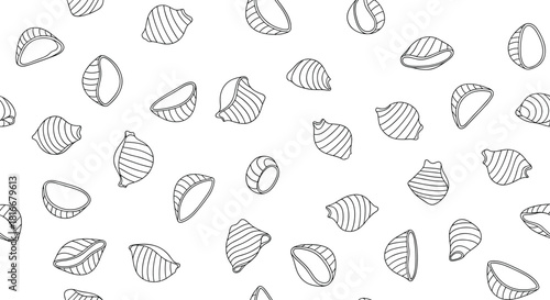 Seamless black and white pattern of hand-drawn conchiglie pasta shells scattered randomly for an Italian food themed background.