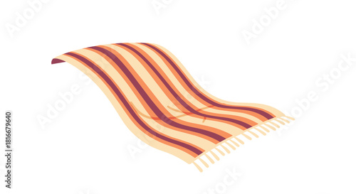 Colorful striped beach towel or picnic blanket with fringe floats and waves in the air against a simple plain white background.