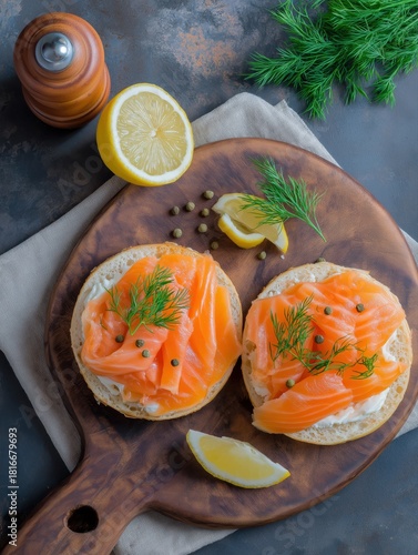 Smoked salmon bagel with cream cheese and fresh dill