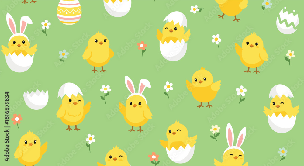 Naklejka premium Cute Easter seamless pattern with adorable yellow chicks hatching from eggs wearing bunny ears among flowers on a green background.