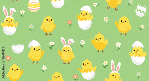 Cute Easter seamless pattern with adorable yellow chicks hatching from eggs wearing bunny ears among flowers on a green background.
