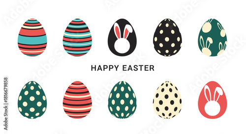 Set of ten colorfully decorated Easter eggs with various patterns like stripes polka dots and bunny silhouettes for the holiday.