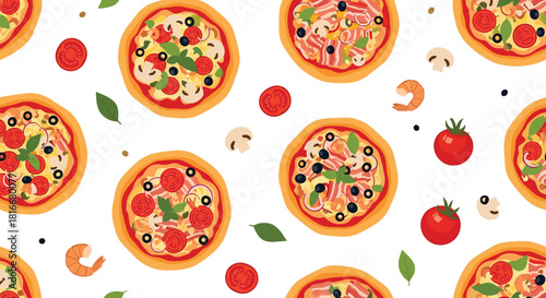Seamless food pattern of various delicious pizzas with fresh ingredients like tomatoes basil and mushrooms on a white background.