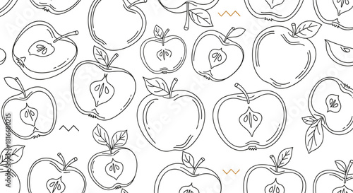 Seamless black and white pattern of hand-drawn whole and halved apples in a simple sketch style perfect for kitchen textiles.