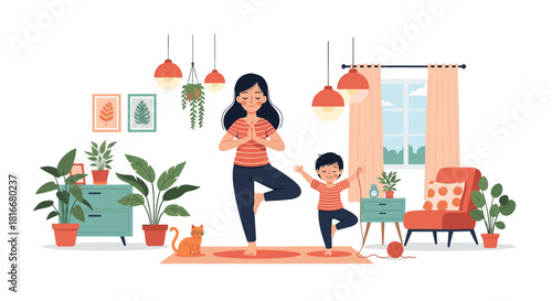 Mother and son practice yoga together in tree pose inside a cozy living room with a cat and many green house plants.