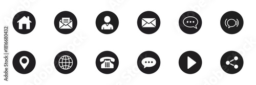 Collection of web icons home, email, user, contact, speech bubble, and more