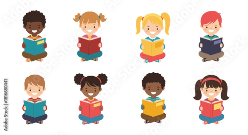 Group of eight diverse and happy multicultural children sitting cross-legged on the floor while reading colorful story books.