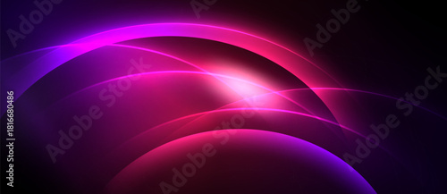 Abstract design features vibrant pink, purple curves. Light radiates from central point, creating dynamic visual effect. Dark background enhances luminosity.