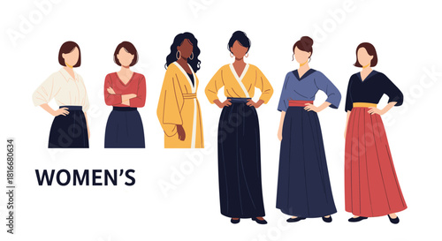Collection of diverse modern women in stylish outfits standing together to represent female empowerment and community support.