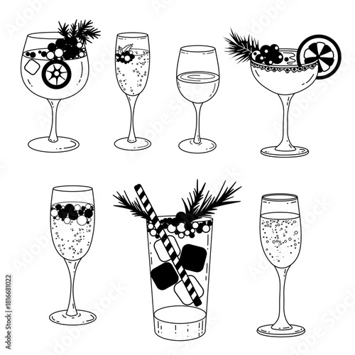 	
Black and White Alcoholic Drinks Vector Set – Wine, Champagne, Margarita, Mulled Wine, Grog, Outline Cocktail Clipart for Christmas, New Year, Holiday Bar Menu