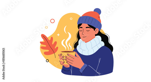 Woman wearing a cozy winter hat and scarf smiles with her eyes closed while enjoying a hot steaming drink on a chilly day.